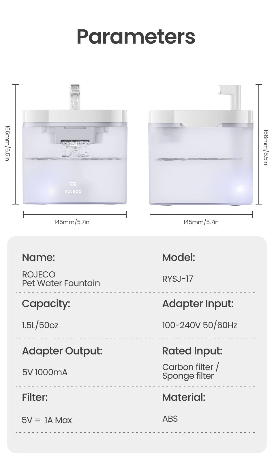 ROJECO Transparent Cat Water Fountain Automatic Smart Purifier