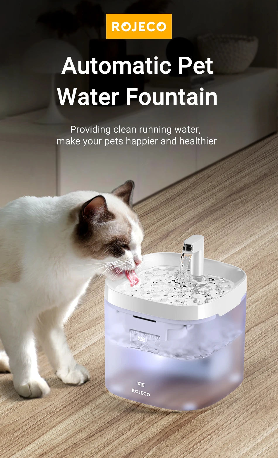 ROJECO Transparent Cat Water Fountain Automatic Smart Purifier