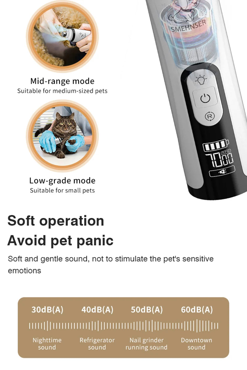 Electric Pet Nail Grinder LED Light Cat Dogs Nail Clippers USB Rechargeable