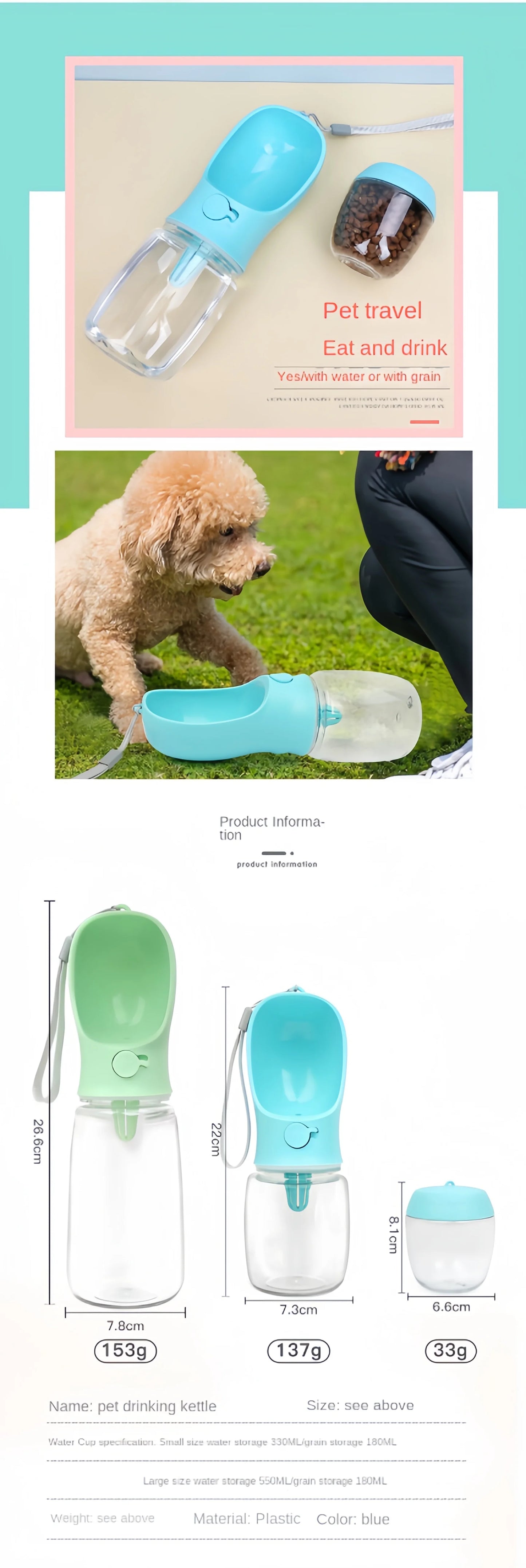 Portable Dog Cat Water Bottle with Storage Food and Water Container