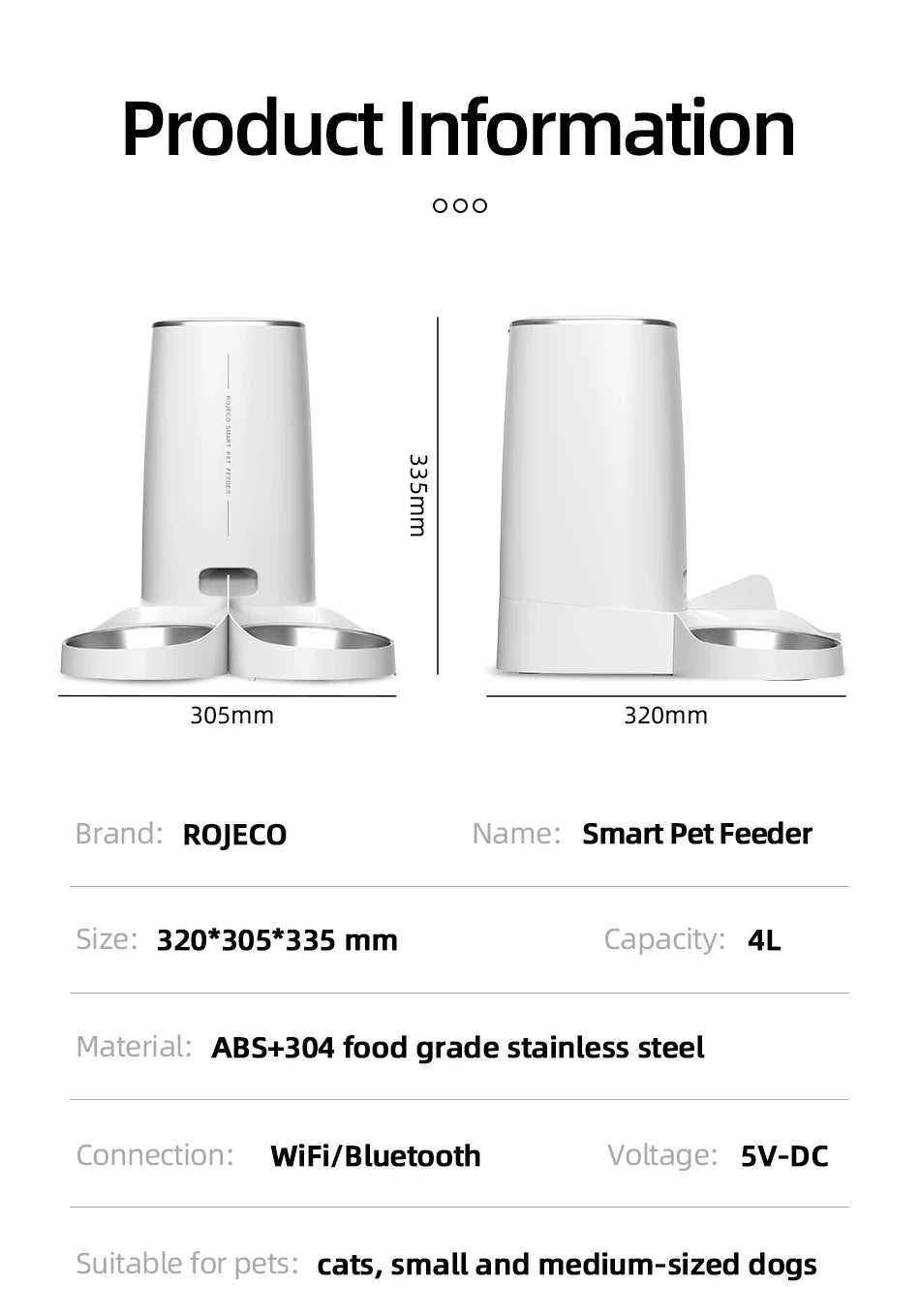 ROJECO Automatic Cat Feeder Double Bowl