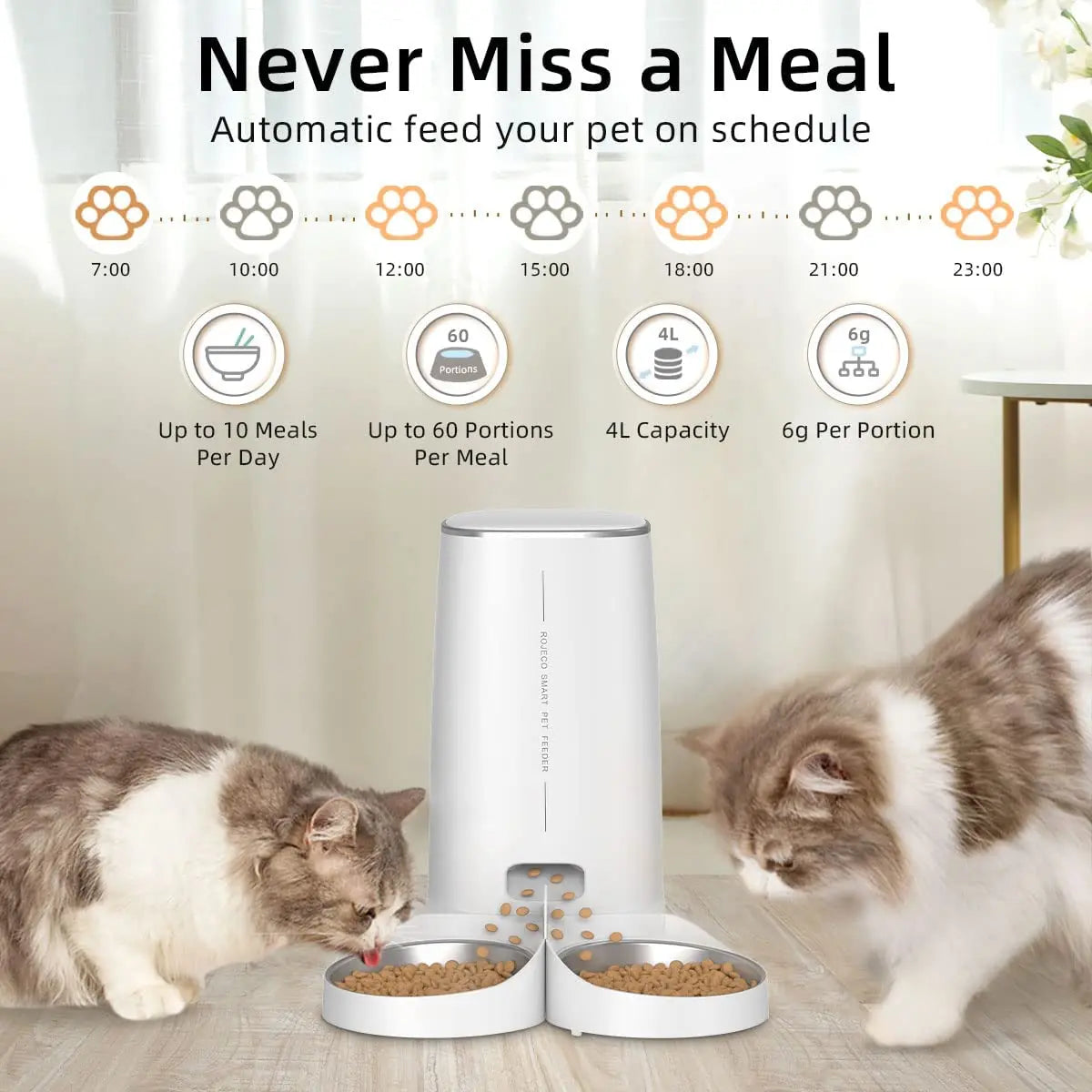 ROJECO Automatic Cat Feeder Double Bowl